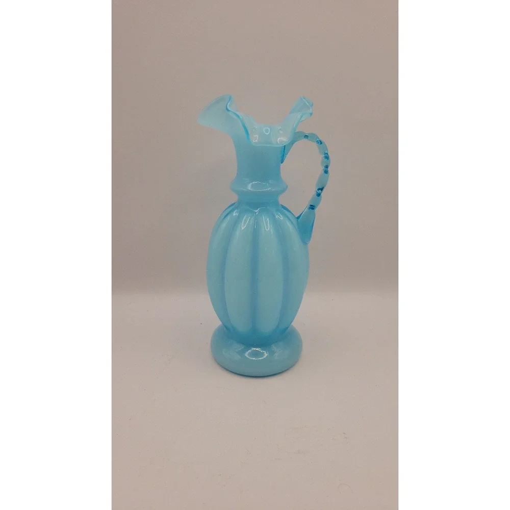 Vintage Fenton Blue Overlay Melon Pitcher Ewer Ruffled Beaded Handle 1940s 1950s